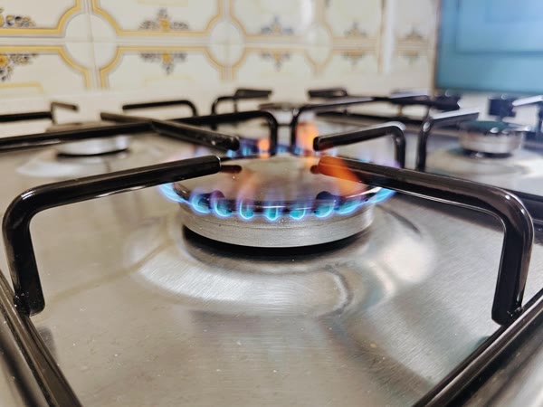 Detalle del fogón de gas encendido
